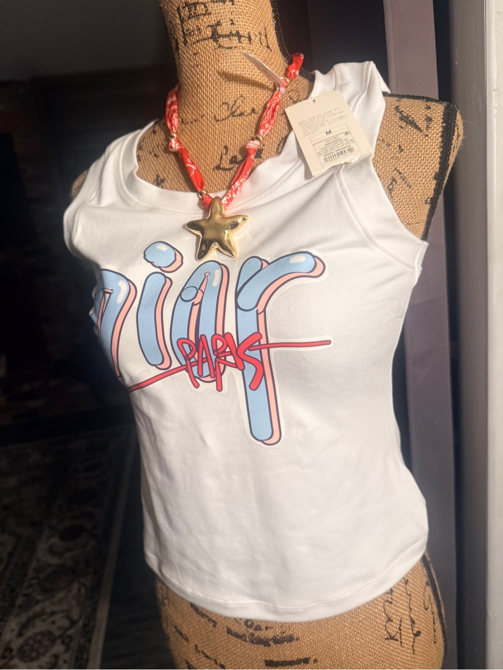 White Graphic Tank Top with Blue & Pink Logo